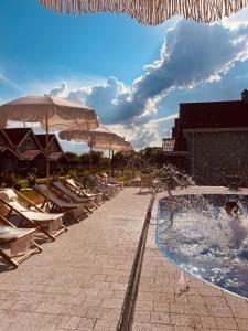 einen Pool mit Liegestühlen und einem Sonnenschirm in der Unterkunft Goose Home and Garden in Łeba