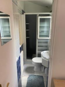 Un pequeño baño con inodoro y ventana. en Studio cosy avec jardin Chatou, en Chatou 5 fotos más