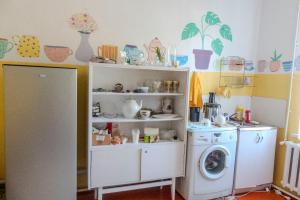 a kitchen with a washing machine and a washer at Eagle's Nest in Karakol