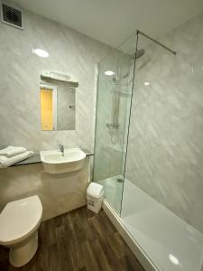ein Bad mit einem WC, einem Waschbecken und einer Dusche in der Unterkunft Britannia Inn Glasgow in Glasgow