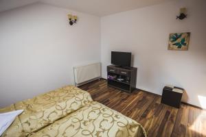 a bedroom with a bed and a flat screen tv at Casa Cu Nuc in Brebeni