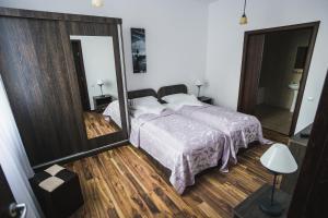 a bedroom with a bed and a large mirror at Casa Cu Nuc in Brebeni