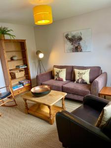 een woonkamer met een paarse bank en een salontafel bij St Andrews Golf and holiday home in St Andrews