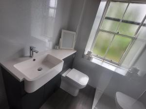 Baño blanco con lavabo y aseo en THE Waterloo Arms Hotel en Chirnside