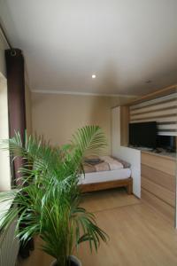a bedroom with a bed and a potted plant at Haus Pleidelsheim in Pleidelsheim