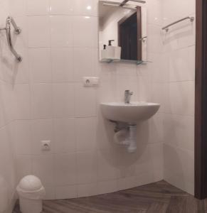 a bathroom with a sink and a mirror and a toilet at RVR Smart Apartments Riga with Self Check-In in Rīga