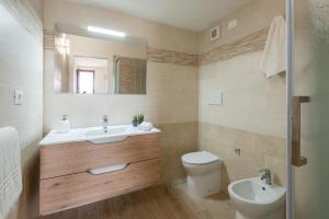 a bathroom with a sink and a toilet and a mirror at Agriturismo Pian del Vescovo in Massa Marittima