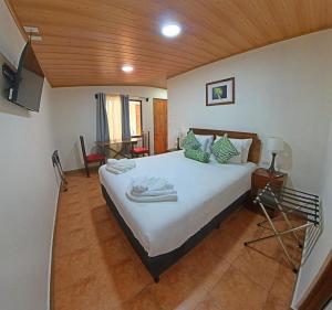 蒙泰韦尔德哥斯达黎加Casa Jungle Monteverde B&B的一间卧室设有一张带木制天花板的大床