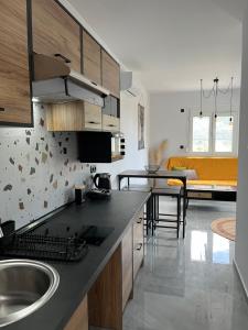 eine Küche mit Spüle und Arbeitsplatte in der Unterkunft faskomilo house 1 in Faskomiliá