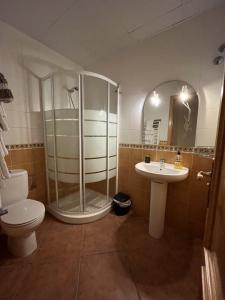a bathroom with a shower and a toilet and a sink at Ca L´Ángels in Prat de Comte