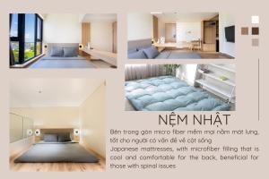 un collage de cuatro fotos de una habitación con cama en The Rebirth Apartment Binh Chau Ho Tram en Ba Ria