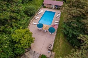 an overhead view of a swimming pool with chairs and umbrellas at Bearadise Mountain Getaway by Eden Crest in Sevierville