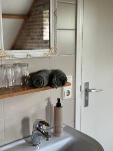een wastafel in de badkamer met een fles zeep op een plank bij Landhuis Bovenste Bos in Epen