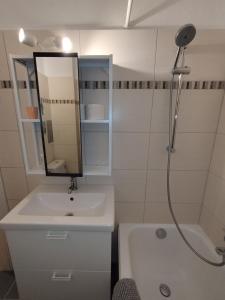 a bathroom with a sink and a shower with a mirror at MOOKI Beach Apartment in Bodensdorf
