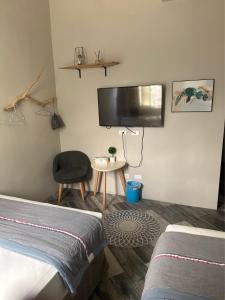 緑島郷にあるLudao 38 Degree Ocean view B&Bのベッドが2つと壁にテレビがある寝室