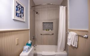 a bathroom with a shower and a toilet and a sink at The Primrose in Bar Harbor +118 photos