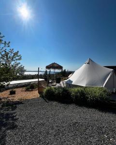 ein weißes Zelt mit einem Tisch und einem Sonnenschirm in der Unterkunft Vättervy Glamping in Habo