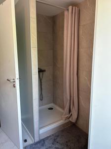 a shower with a shower curtain in a bathroom at Au Gré des Saisons - Vulcania & Lemptégy in Pontgibaud