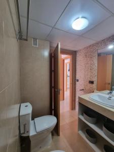 a bathroom with a toilet and a sink at Toyo Alcazaba Suites Gran terraza y vistas, 2Hab, piscina y garaje in Retamar +28 photos