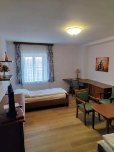 a hotel room with a bed and a desk at Gästehaus Einzinger in Krems an der Donau