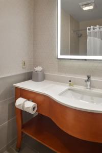 La salle de bains est pourvue d'un lavabo et d'un miroir. dans l'établissement Holiday Inn Express - Akron NW - Fairlawn, an IHG Hotel, à Akron
