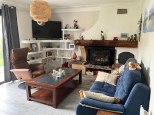 a living room with a blue couch and a table at Casa Di fiore in Maubourguet