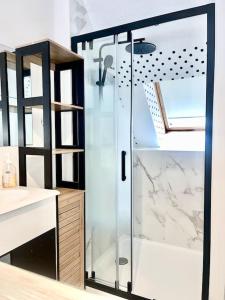 een badkamer met een douche met een glazen deur bij Près de l aéroport Orly Parking gratuit in Villeneuve-le-Roi