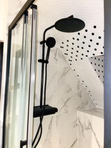 een douche in een badkamer met een glazen deur bij Près de l aéroport Orly Parking gratuit in Villeneuve-le-Roi +14 foto's