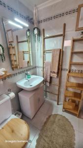 a bathroom with a sink and a toilet and a mirror at Apartamento Parquemar in La Mata