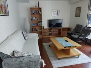 a living room with a couch and a coffee table at Apartment with sauna in Harjavalta, free WIFI in Harjavalta