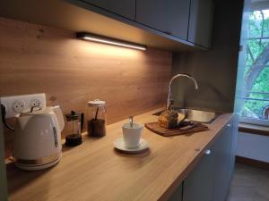 - un comptoir de cuisine avec une cafetière sur un comptoir dans l'établissement La Bonneterie, à Andlau