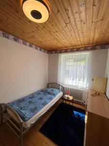 ein kleines Schlafzimmer mit einem Bett und einem Fenster in der Unterkunft Wohlfühloase Niklasdorf in Niklasdorf