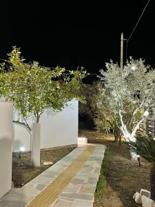 een loopbrug met bomen en 's nachts een witte muur bij Villa gioia- πρώην Chanel in Marathos