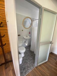 y baño con aseo, lavabo y espejo. en Vallecito Lodge en Muyurina
