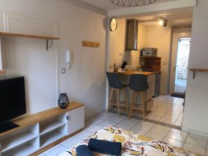 a room with a kitchen and a living room at Studio centre ville et terrasse in Romans-sur-Isère
