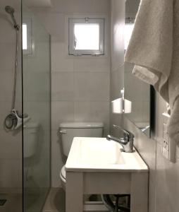 a bathroom with a sink and a toilet and a window at Loft Amarillo in Tandil