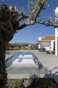 a pool with two beds and a tree at Big Blue Villas in Santa Maria