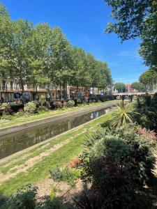 une rivière avec des arbres et des plantes sur le côté dans l'établissement Hotel De France Perpignan Centre Ville, à Perpignan