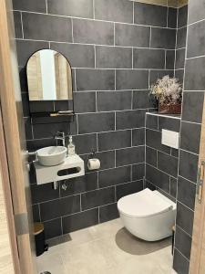 La salle de bains est pourvue de carrelage noir, de toilettes et d'un lavabo. dans l'établissement Casa Sognu di Orizonte, à Figari