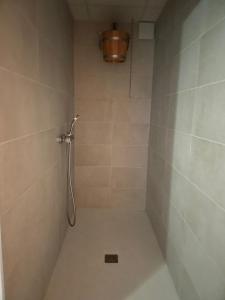 索米爾的住宿－Kyriad Saumur Hyper Centre Hôtel Appartements et SPA soins Sothys Paris，一间带淋浴的浴室,墙上装有水桶