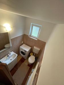 a small bathroom with a toilet and a sink at La Moieciu pe Deal in Moieciu de Jos
