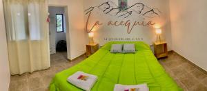a bedroom with a green bed with a mountain mural on the wall at La acequia casa in Cafayate