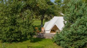 a white tent in a yard with trees at Casa de campo glamping in Eželiškės