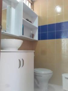 a bathroom with a white toilet and a sink at Preciosa villa de descanso muy cerca de villa de Leiva in Sutamarchán