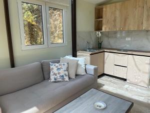 a living room with a couch and a kitchen at Aria's Apartment 2 in Himare