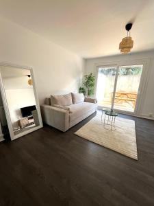 オルレアンにあるAppartement Victoriaのソファと鏡のあるリビングルーム +9枚の写真