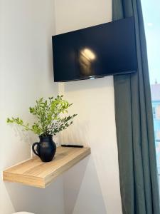 a plant in a vase on a wooden shelf next to a window at Hotel Paris Amore in Paris +23 photos