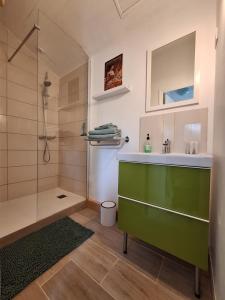 a bathroom with a green sink and a shower at Studio 11, Draps, Linge, Wifi # Longère Bretonne#Morbihan in Sulniac