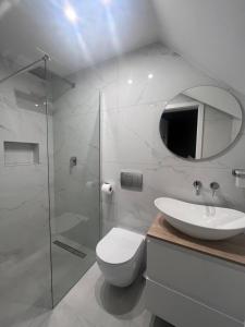 a bathroom with a toilet and a sink and a shower at D.W. KRYSTYNA in Dębki