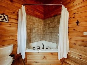 a bathroom with a bath tub in a wooden room at Spacious, dog friendly cabin in Blowing Rock, NC in Blowing Rock +26 photos
